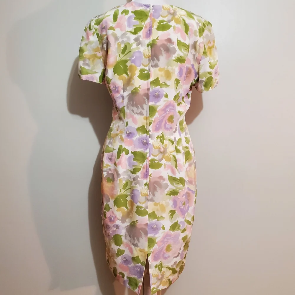 Maggy London Vtg 80s silk pastel floral watercolor square neck sheath dress 6 - Picture 3 of 12